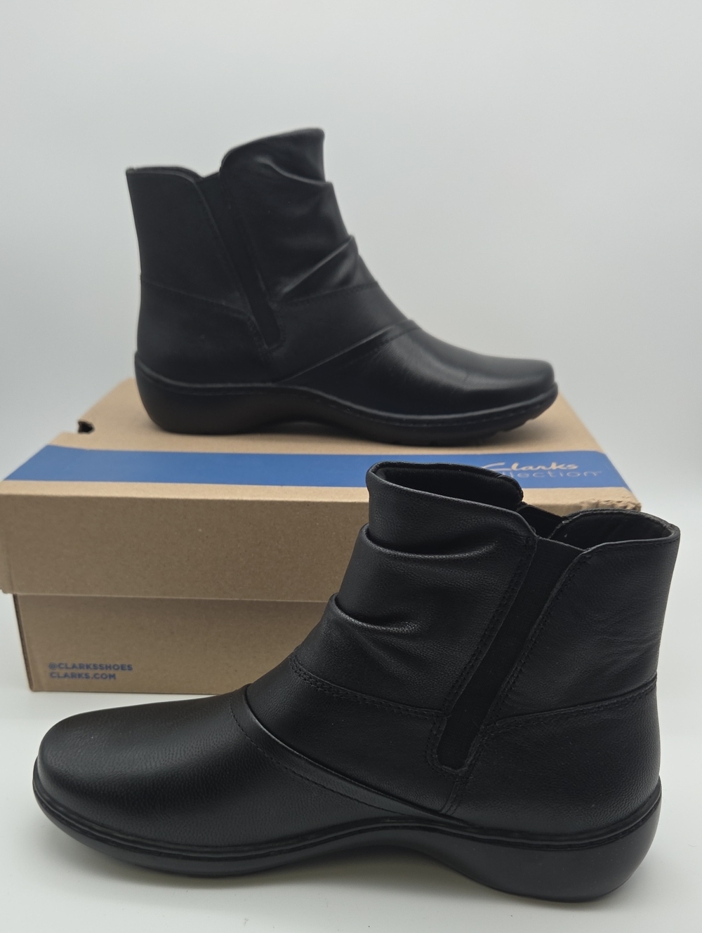 Clarks Black Leather Slip-On Ankle Booties